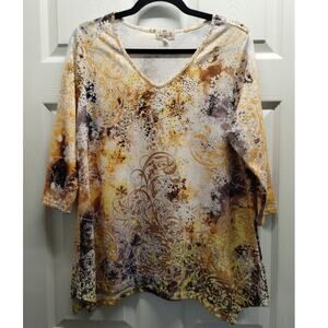One World Women's Size Large Abstract Gold Yellow V-Neck Asymmetric Hem Top